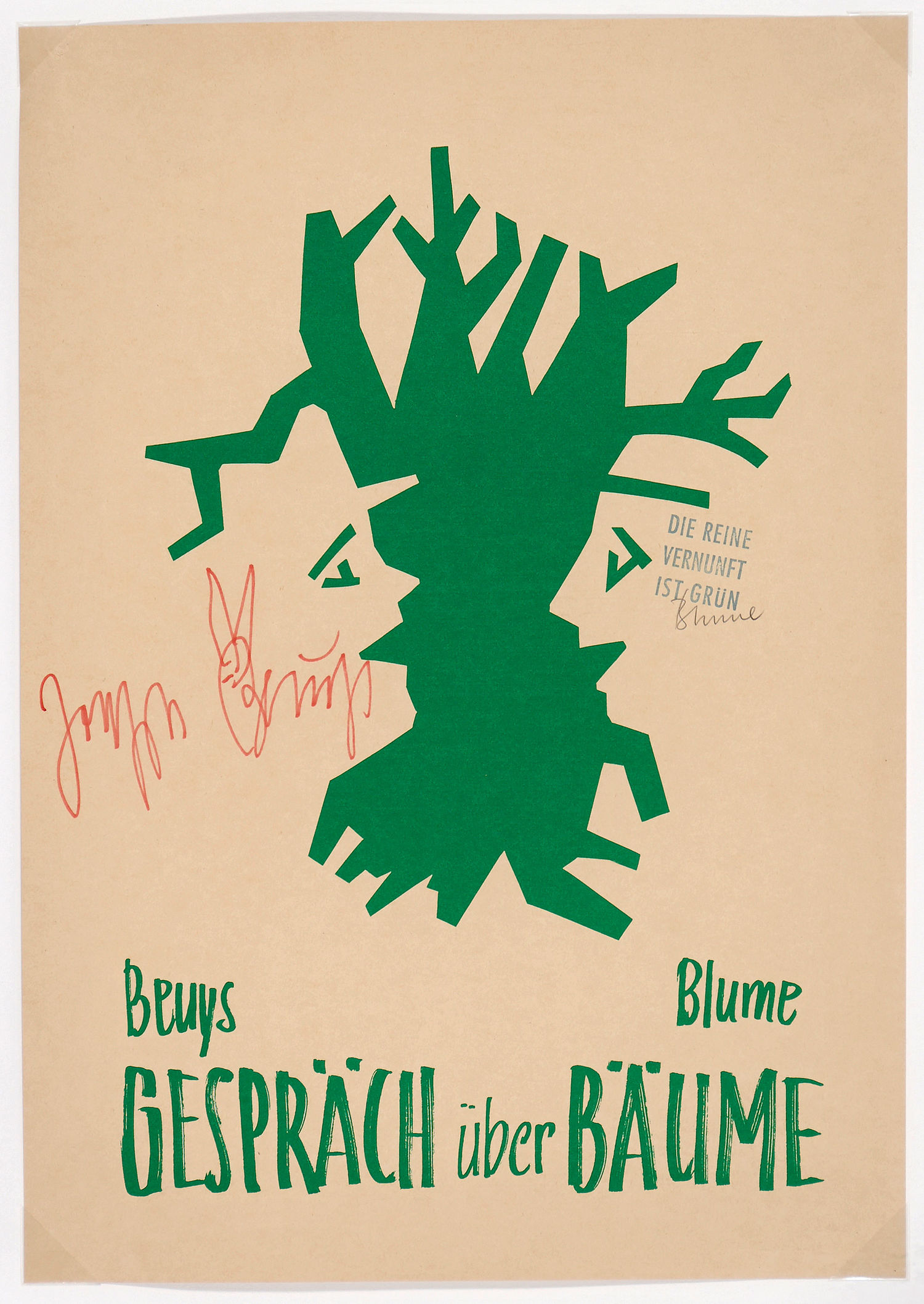 Beuys-Blume, GESPRÄCH über BÄUME 1982 Galerie Magers, Bonn Offsetdruck in grün nach einer Zeichnung von Johannes Blume, signiert von Beuys und von Blume, mit Stempelabdruck „DIE REINE VERNUNFT IST GRÜN“. Foto: Museum Wiesbaden / Ed Restle © VG-Bild Kunst, Bonn 2021